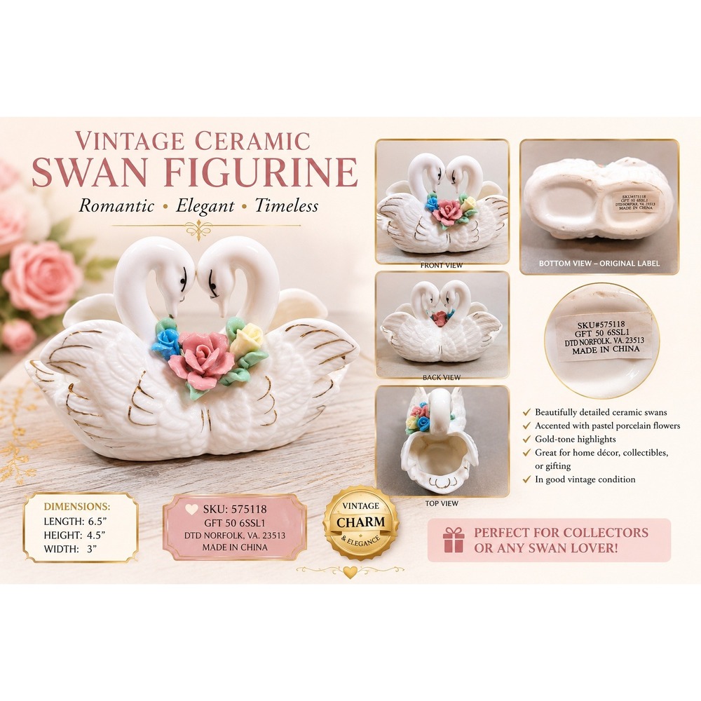 Vintage Porcelain Double Swan Planter White Gold Trim Pastel Roses Trinket Dish